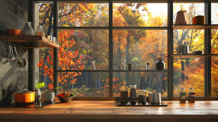 Elegant autumn-inspired kitchen with a large window overlooking a golden forestの素材