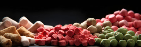 Rows of red and green jelly candies forming a vivid linear patternの素材