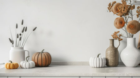 Minimalist autumn shelf with pumpkins, dried flowers, and cozy decor accentsの素材