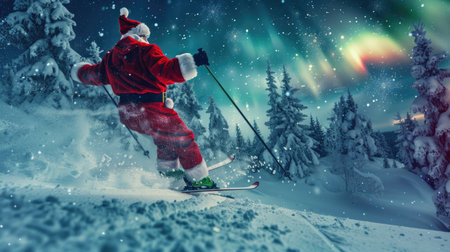 Santa skiing through a snowy forest under the glow of northern lights at night in winter, festive holiday conceptの素材