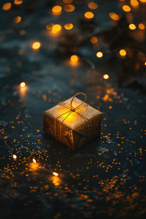 A beautifully wrapped golden gift box set against blurred bokeh lights, evoking feelings of warmth and holiday celebrationの素材