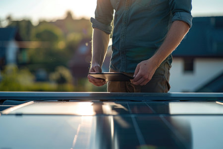 Close-up of hands adjusting solar panels, showcasing precision and expertise in renewable energy maintenanceの素材