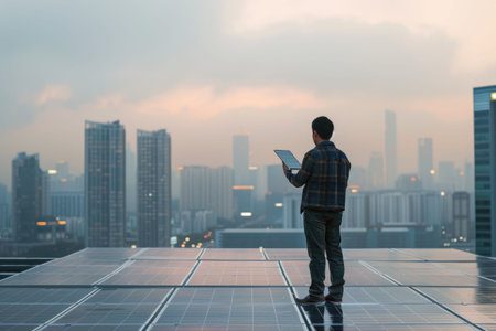 Silhouette of a man standing on a rooftop with solar panels under a golden-hour sky overlooking the city skylineの素材