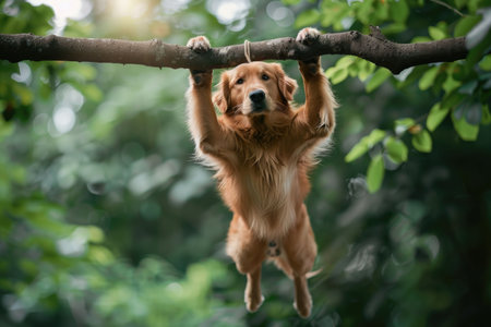A dog hanging from a tree branch with its paws, surrounded by lush green foliage in a forest settingの素材
