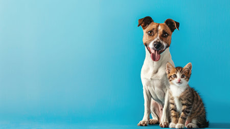 Adorable small dog sitting against a vibrant blue backgroundの素材