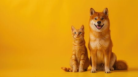 cat and dog sitting on bright yellow backgroundの素材