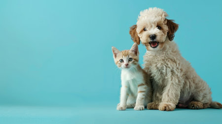 Cute dog with cute kitten sitting alone on blue background.の素材