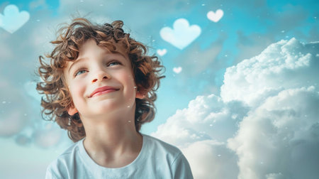 A cheerful child with curly hair looking up joyfully in a bright sky with soft cloudsの素材