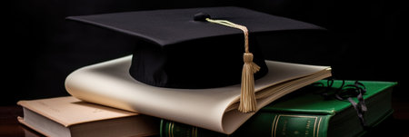 Graduation cap resting on stacked books with dramatic lightingの素材