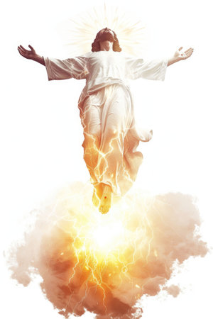 Fiery angel ascending with glowing flames and golden radiance around itの素材