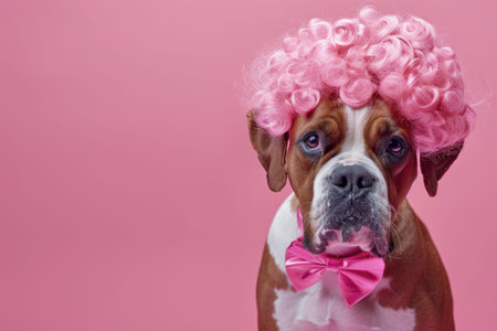 Close-up of a dog in a pink shower cap with bubbles in a whimsical settingの素材
