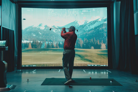 Golfer finishing a swing in a high-tech indoor simulator, set against a realistic virtual golf course backdrop, showcasing modern sports innovationの素材