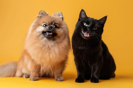 Fluffy beige and black kittens sitting side by side on a bright yellow backgroundの素材