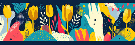 Abstract design featuring colorful birds and tropical plants with vibrant tonesの素材