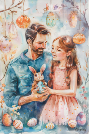 A loving father and daughter sitting together, smiling, and sharing a warm moment surrounded by soft pastel hues and artistic brushstroke texturesの素材