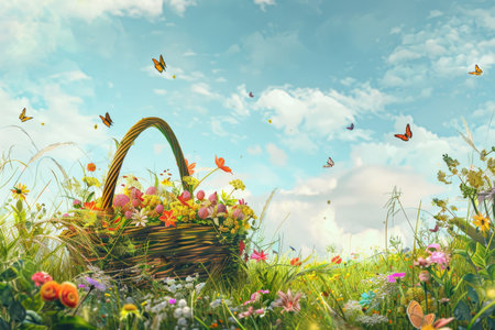 A basket of colorful flowers in a sunny meadow with butterflies fluttering under a bright blue skyの素材