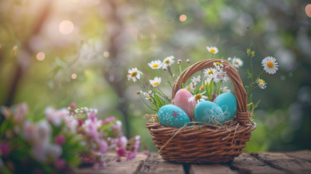 A bright turquoise egg resting on moss, surrounded by small blooming flowers in a woodland sceneの素材
