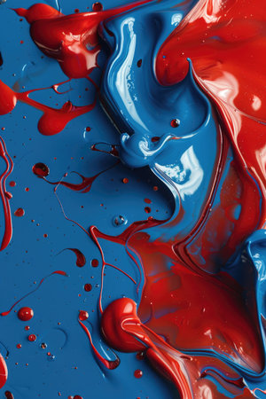 Dynamic blend of red and blue hues with fluid textures and organic forms, creating a bold abstract visualの素材