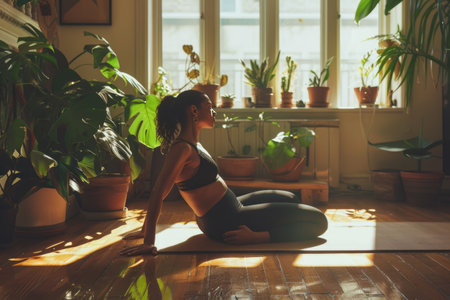 Calm woman practicing yoga on a mat in a sunlit room filled with lush green plants, soft natural light highlighting her silhouetteの素材