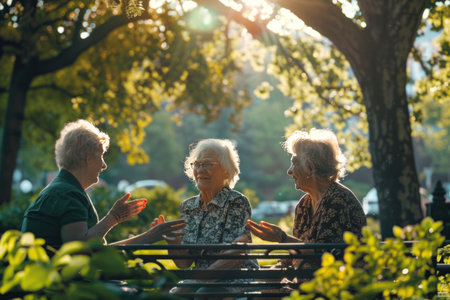 Three elderly women are sitting on a park bench, sharing a lively conversation in the soft golden sunlight filtering through the trees.の素材