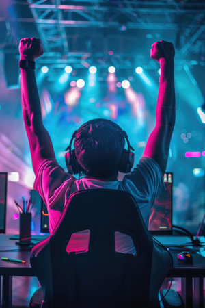 A futuristic nightclub scene with a person dancing under vibrant neon lights and energetic huesの素材