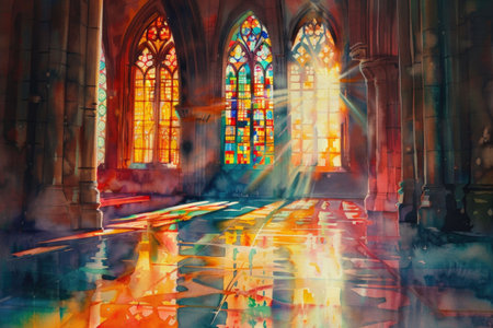 Vivid stained glass windows illuminating the peaceful interior of a grand cathedralの素材