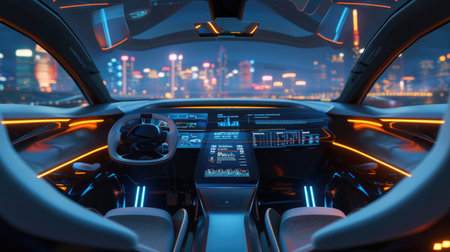 High-tech car dashboard with holographic interface and neon lightsの素材