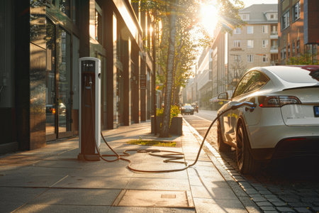 Futuristic car with glowing headlights on a narrow city street illuminated by warm evening lightsの素材