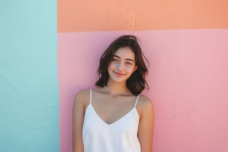 Portrait of a young woman in front of a pastel background, smiling softly with natural lightingの素材