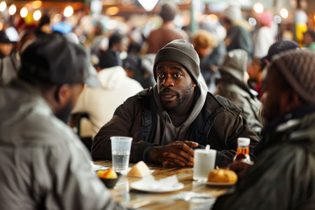 People enjoying lunch in a cozy cafeteria, creating a dynamic and lively atmosphere filled with conversationsの素材