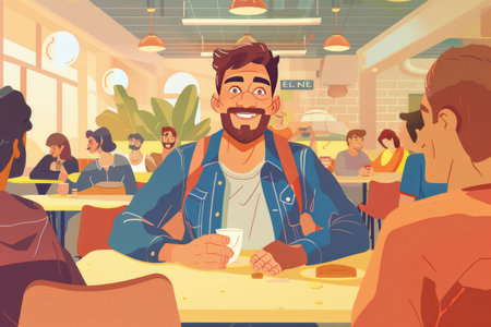 A friendly man enjoying a meal at a busy cafeteria table, surrounded by other diners in a warm and inviting atmosphereの素材