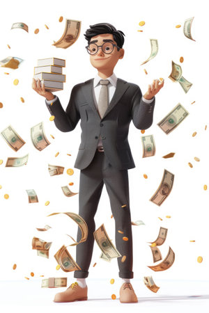 Confident businessman in a black suit standing with arms crossed, looking successful and powerfulの素材