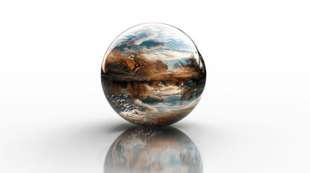 Reflective sphere with abstract brown and blue texture on a white backgroundの素材