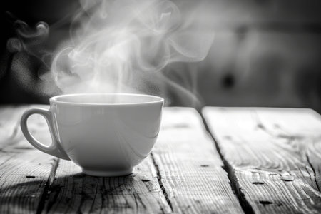 Steaming cup of coffee on rustic wooden table in black and whiteの素材