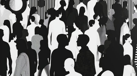 High-contrast abstract silhouettes of people in a crowded spaceの素材