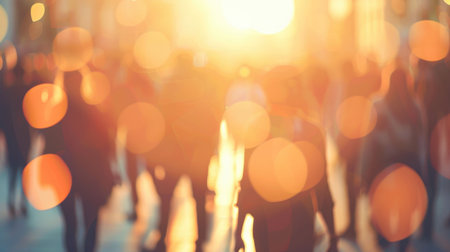 Bokeh lights with soft blurred crowd, warm golden city atmosphereの素材