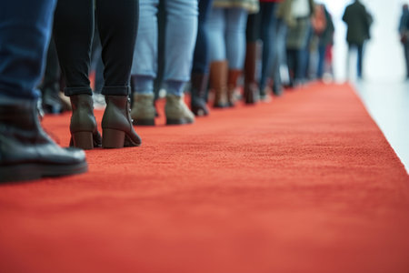People walking on a red carpet, with a low-angle perspective emphasizing movement and eleganceの素材