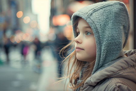 Young woman in a hooded coat standing in a busy city street, illuminated by warm glowing lights at duskの素材