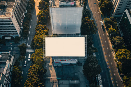 Aerial view of a large empty billboard above city streets surrounded by skyscrapersの素材