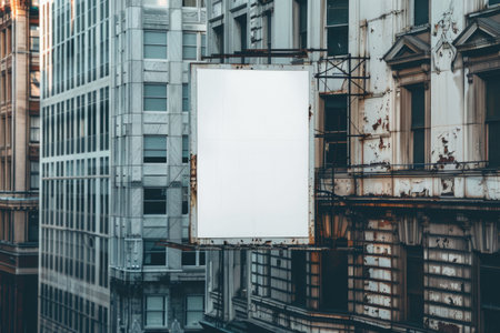 Bright bill blankboard on a modern city building at dusk, surrounded by skyscrapers and urban lightsの素材