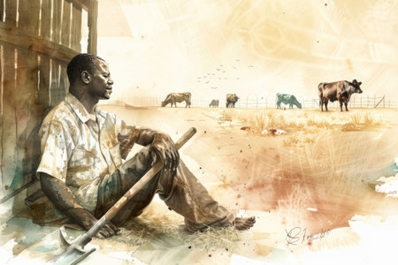 African warrior resting under a tree, gazing at cattle in the distance in a sunlit savannaの素材
