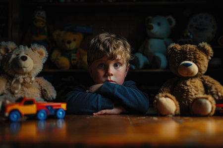 Toddler and two teddy bear watching something in the dark with intense expressionsの素材