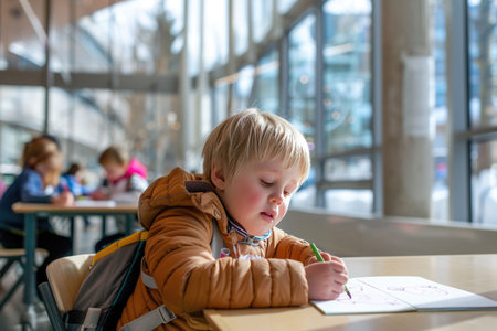 Curious boy playing with toys at daycare tableの素材