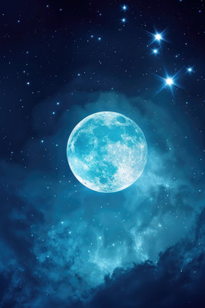 Glowing blue moon in a cloudy night sky with magical atmosphereの素材