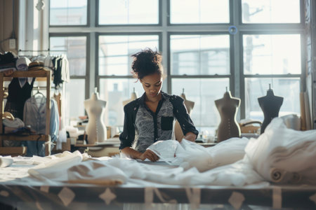 Man working at a cluttered table in a sunlit studio with large industrial windowsの素材