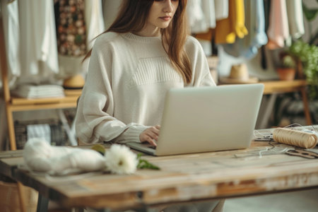 Young fashion designer working with fabric in bright daylight studioの素材