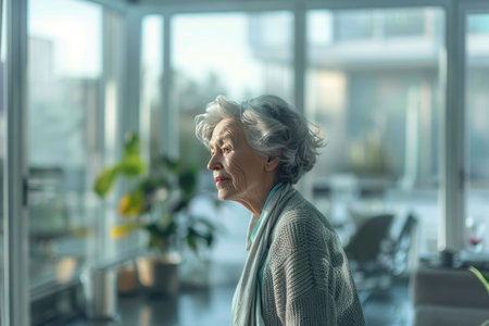 Elegant older woman sitting by window in bright minimalist spaceの素材
