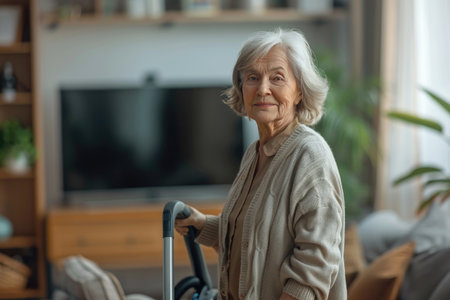 Happy elderly woman enjoying peaceful moment in living roomの素材
