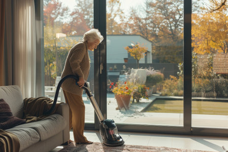 Elderly woman walking with cane near large window in cozy autumn-lit roomの素材
