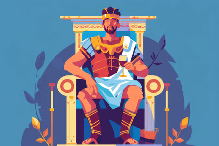 Futuristic roman emperor in vibrant outfit on throne with glowing elementsの素材